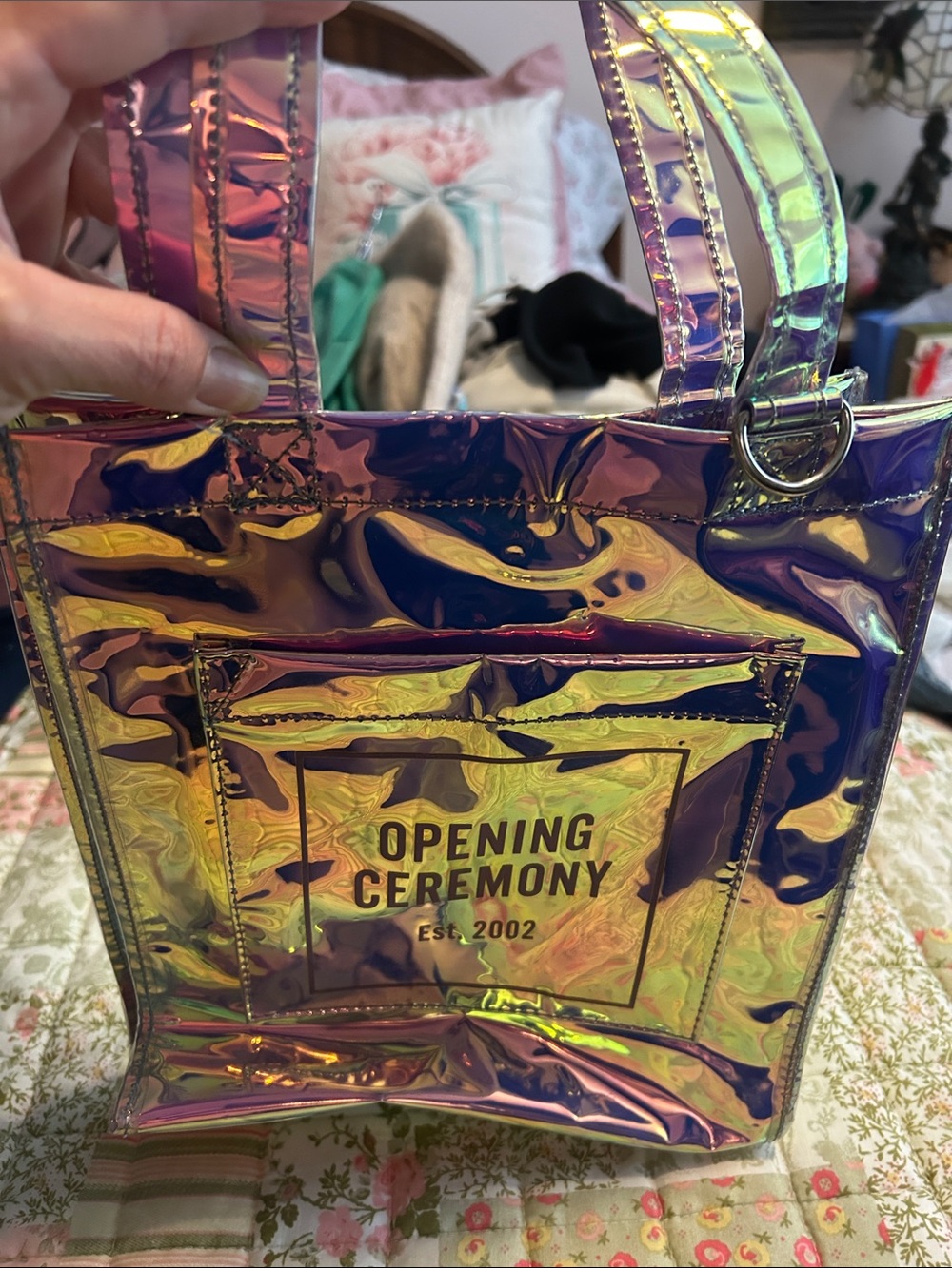 Opening Ceremony Iridescent Holographic Tote in Shifting Pink-Purple